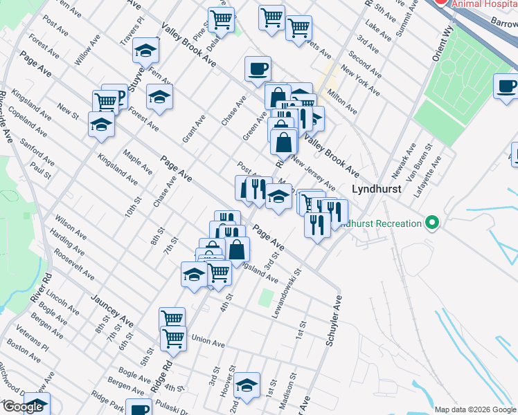 map of restaurants, bars, coffee shops, grocery stores, and more near 448 Ridge Road in Lyndhurst