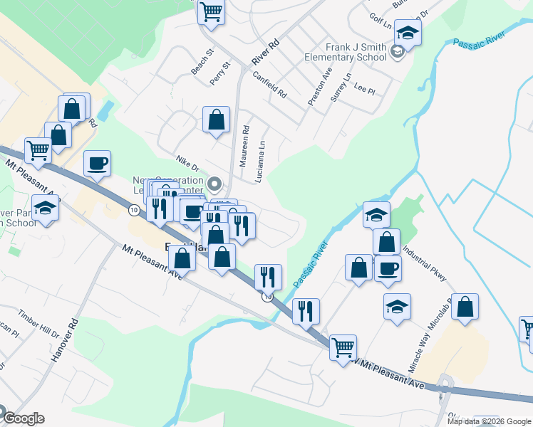 map of restaurants, bars, coffee shops, grocery stores, and more near 14 Queensbridge Drive in East Hanover