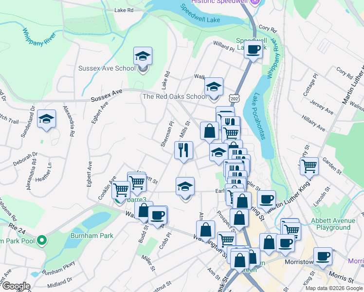 map of restaurants, bars, coffee shops, grocery stores, and more near 79 Mills Street in Morristown