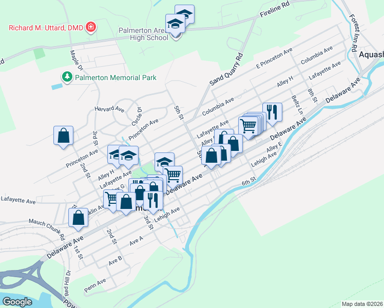 map of restaurants, bars, coffee shops, grocery stores, and more near 470 Franklin Avenue in Palmerton