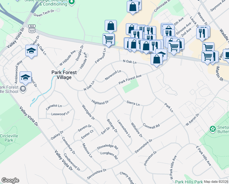 map of restaurants, bars, coffee shops, grocery stores, and more near 1957 Highland Drive in State College