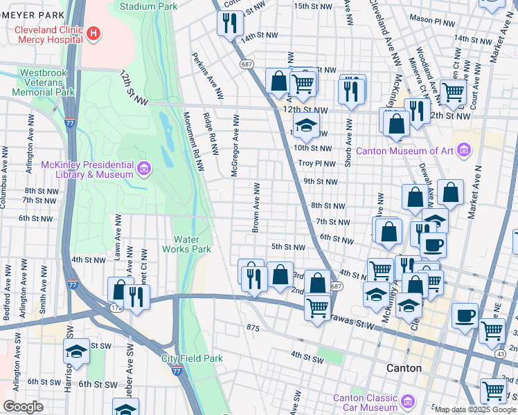 map of restaurants, bars, coffee shops, grocery stores, and more near 1145 7th Street Northwest in Canton