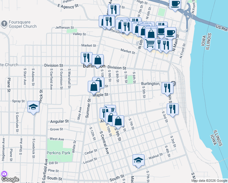 map of restaurants, bars, coffee shops, grocery stores, and more near 815 Maple St in Burlington