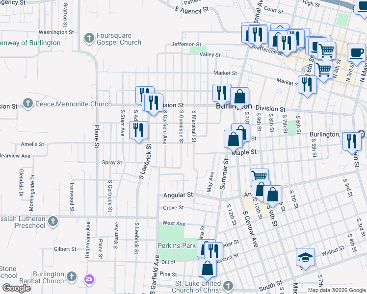 map of restaurants, bars, coffee shops, grocery stores, and more near 506 South Gunnison Street in Burlington