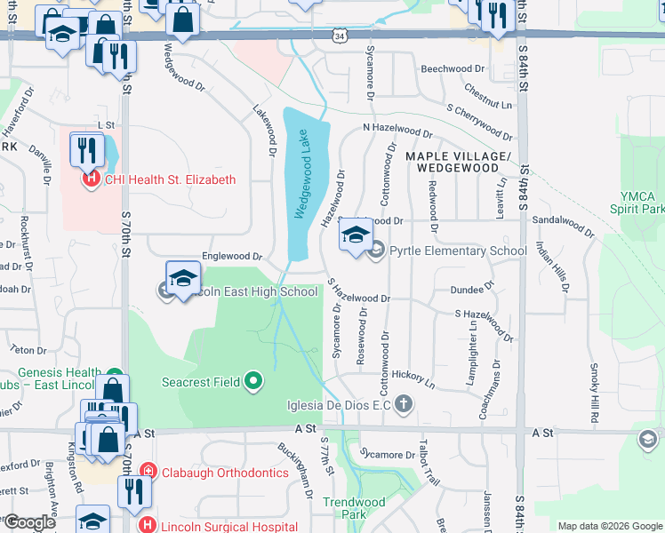 map of restaurants, bars, coffee shops, grocery stores, and more near 7708 South Hazelwood Drive in Lincoln