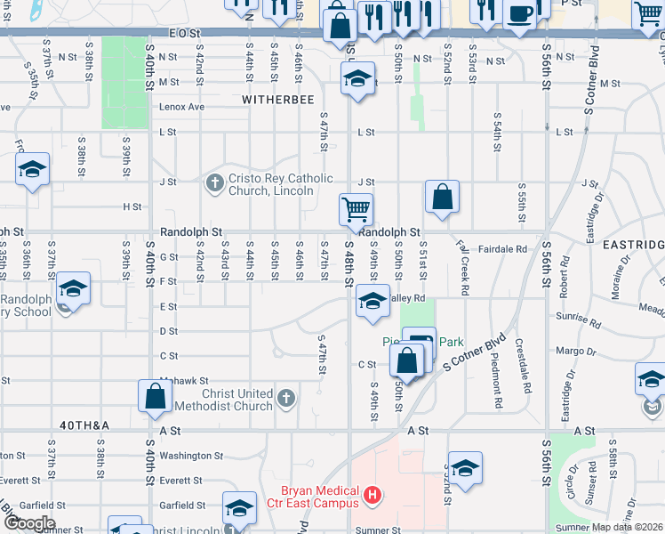 map of restaurants, bars, coffee shops, grocery stores, and more near 4740 F Street in Lincoln