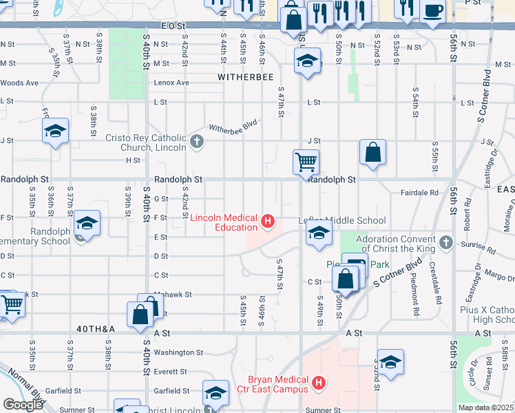 map of restaurants, bars, coffee shops, grocery stores, and more near 898 South 45th Street in Lincoln
