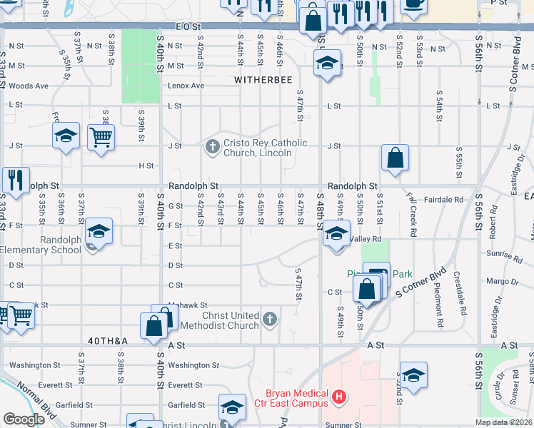 map of restaurants, bars, coffee shops, grocery stores, and more near 898 South 45th Street in Lincoln