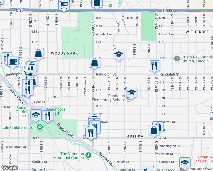 map of restaurants, bars, coffee shops, grocery stores, and more near 889 South 35th Street in Lincoln