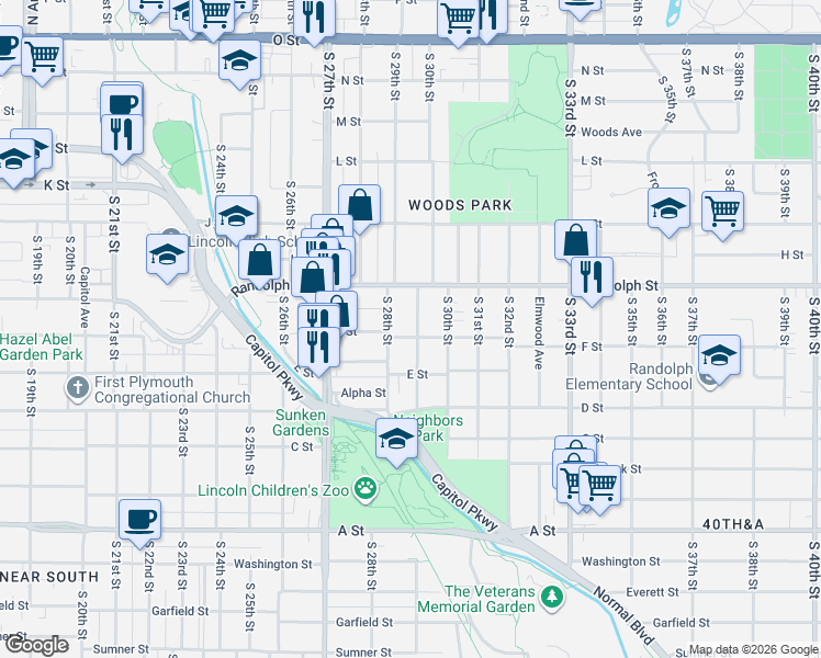 map of restaurants, bars, coffee shops, grocery stores, and more near 2817 F Street in Lincoln