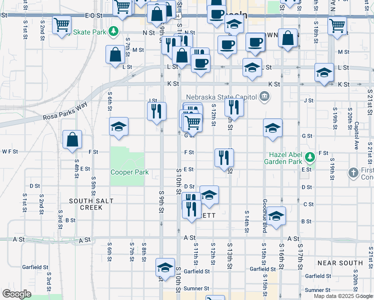 map of restaurants, bars, coffee shops, grocery stores, and more near 908 South 10th Street in Lincoln