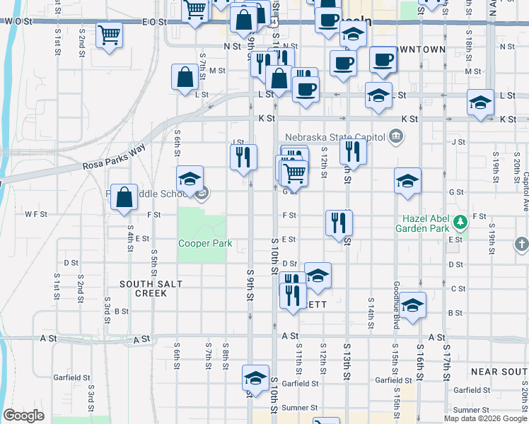 map of restaurants, bars, coffee shops, grocery stores, and more near 921 F Street in Lincoln