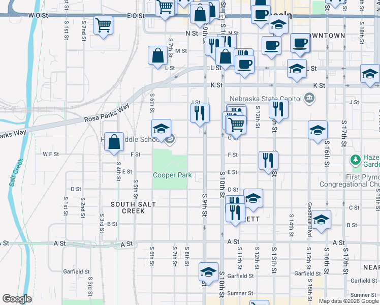 map of restaurants, bars, coffee shops, grocery stores, and more near 815 F Street in Lincoln