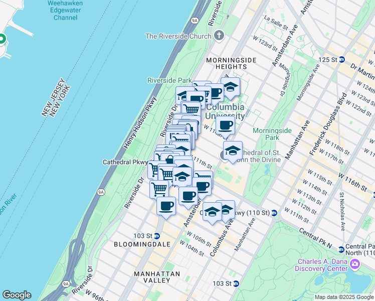 map of restaurants, bars, coffee shops, grocery stores, and more near 2864 Broadway in New York