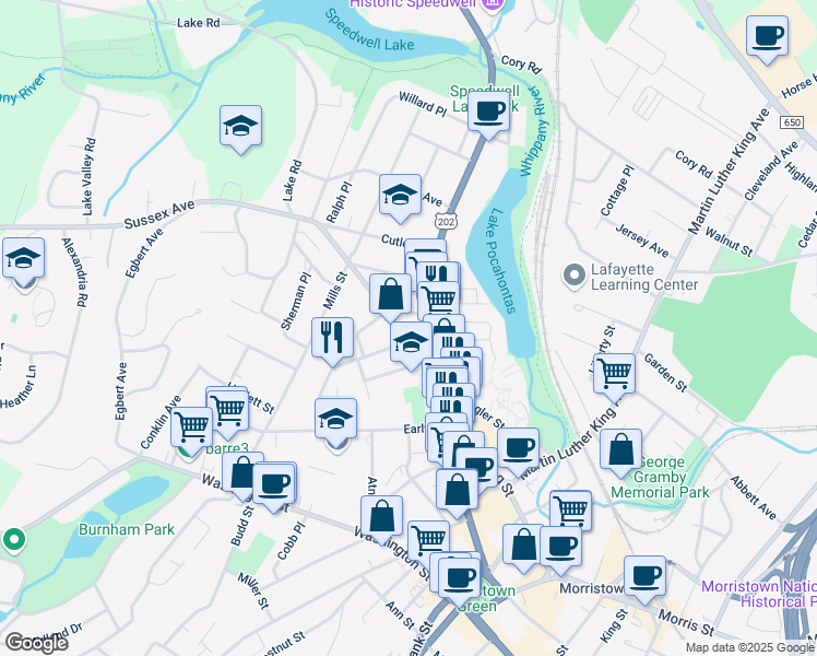 map of restaurants, bars, coffee shops, grocery stores, and more near 24 Sussex Avenue in Morristown