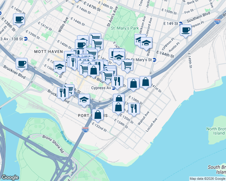 map of restaurants, bars, coffee shops, grocery stores, and more near 690 East 138th Street in The Bronx