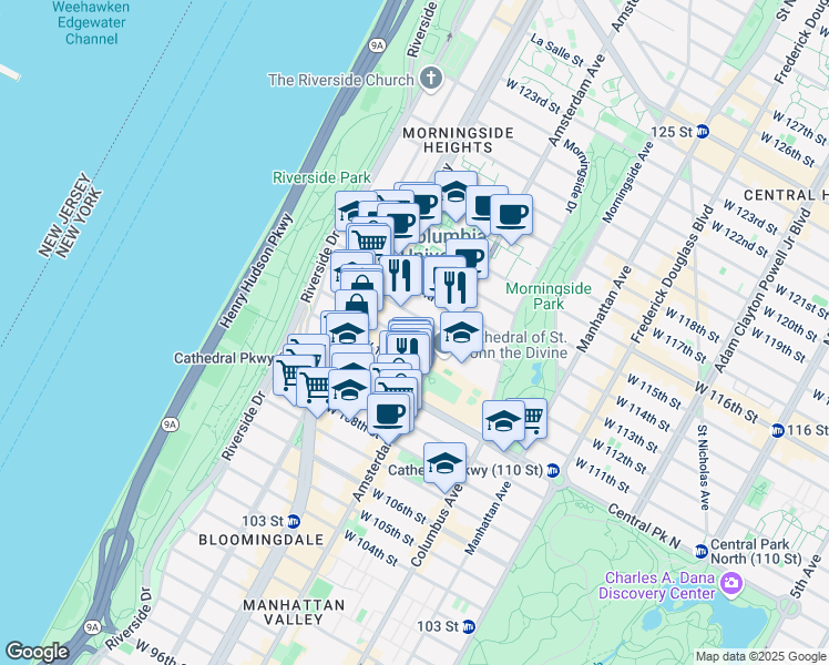 map of restaurants, bars, coffee shops, grocery stores, and more near 511 West 112th Street in New York