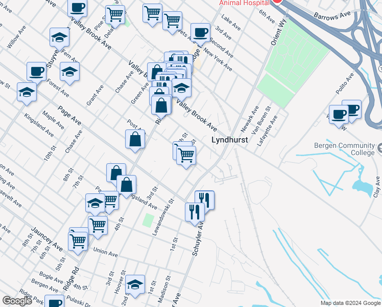 map of restaurants, bars, coffee shops, grocery stores, and more near 721 Marin Avenue in Lyndhurst