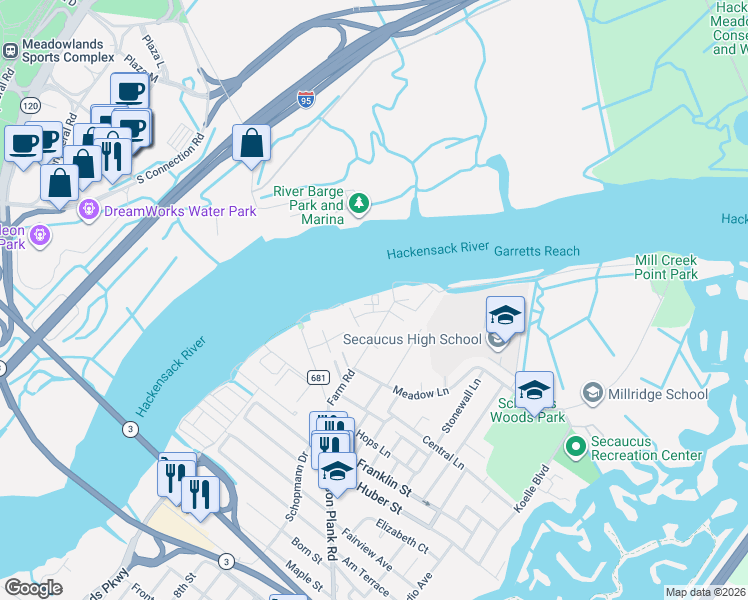 map of restaurants, bars, coffee shops, grocery stores, and more near 9 Acorn Road in Secaucus