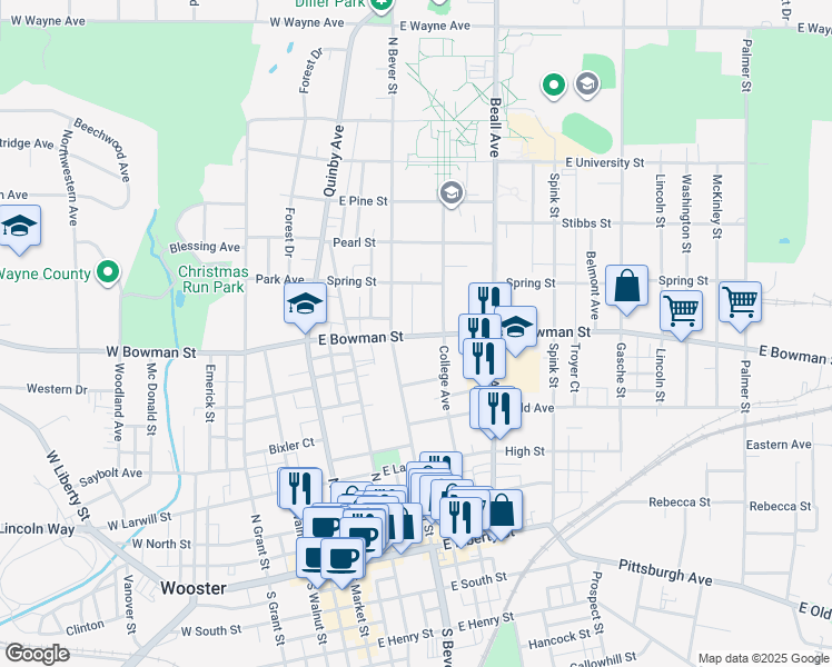 map of restaurants, bars, coffee shops, grocery stores, and more near 323 East Bowman Street in Wooster