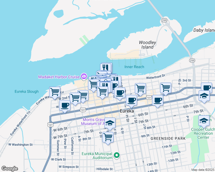 map of restaurants, bars, coffee shops, grocery stores, and more near 7 F Street in Eureka