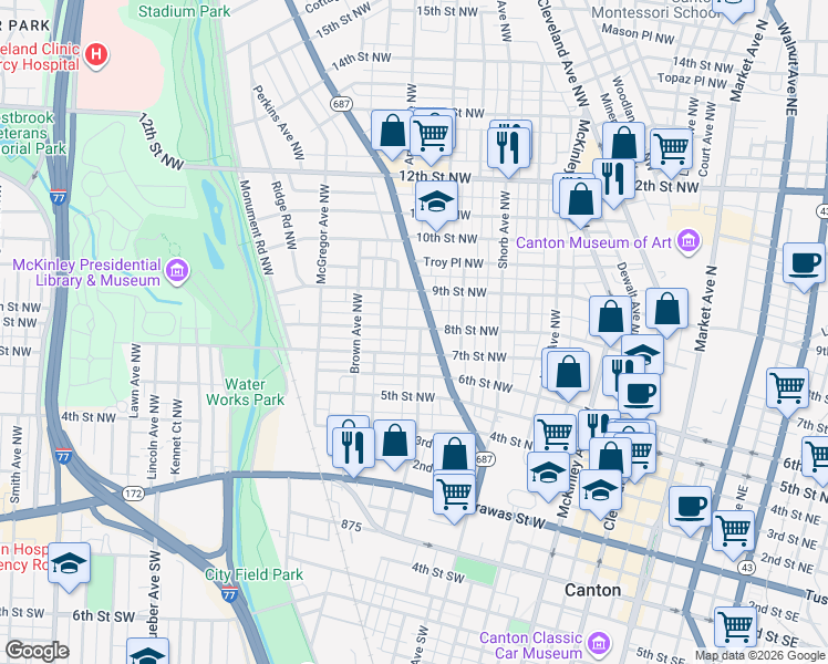 map of restaurants, bars, coffee shops, grocery stores, and more near 1107 7th Street Northwest in Canton