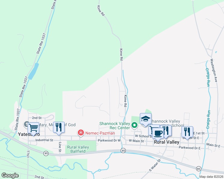 map of restaurants, bars, coffee shops, grocery stores, and more near 209 Locust Street in Rural Valley