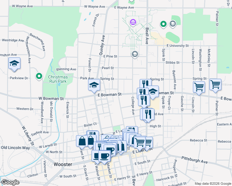 map of restaurants, bars, coffee shops, grocery stores, and more near 227 East Bowman Street in Wooster