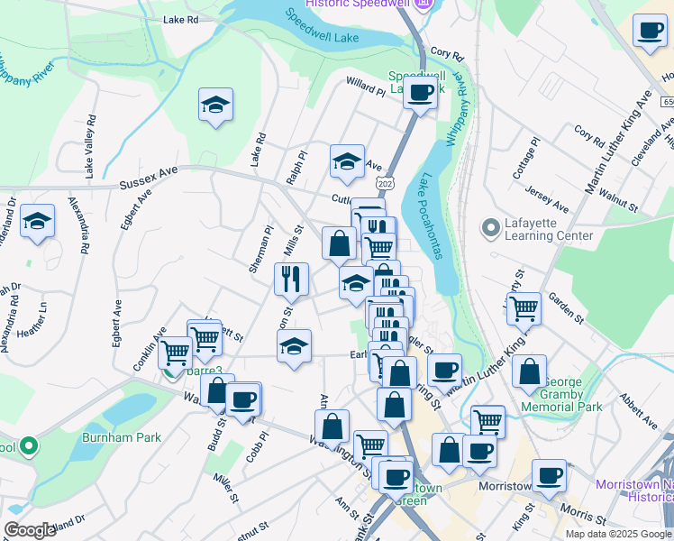 map of restaurants, bars, coffee shops, grocery stores, and more near 34 Sussex Avenue in Morristown