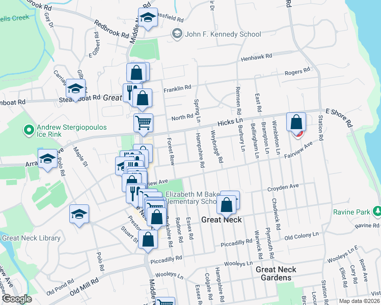 map of restaurants, bars, coffee shops, grocery stores, and more near 55 Franklin Place in Great Neck