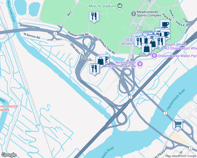 map of restaurants, bars, coffee shops, grocery stores, and more near 1 Meadowlands Plaza in East Rutherford
