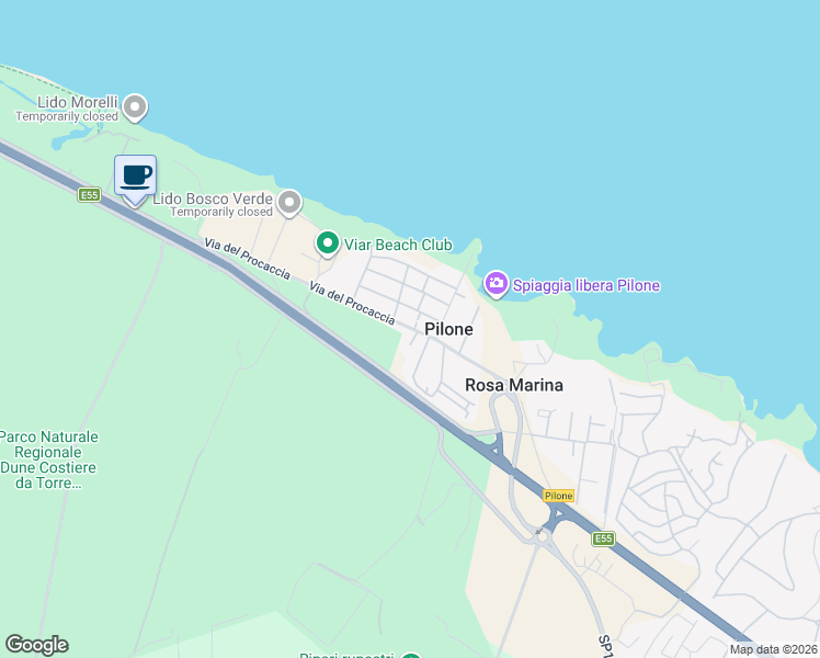 map of restaurants, bars, coffee shops, grocery stores, and more near 13 Via del Procaccia in Rosa Marina