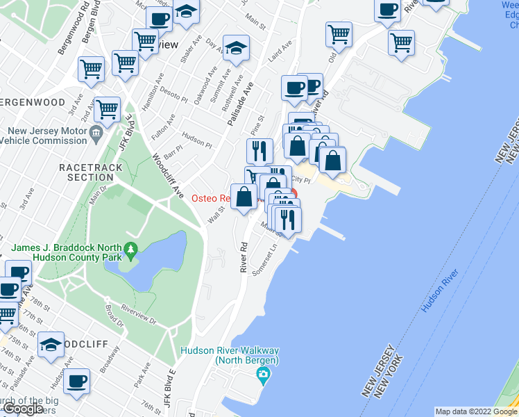 map of restaurants, bars, coffee shops, grocery stores, and more near 0 River Road in North Bergen