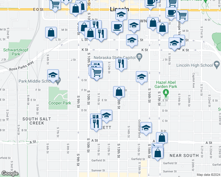 map of restaurants, bars, coffee shops, grocery stores, and more near 1202 F Street in Lincoln