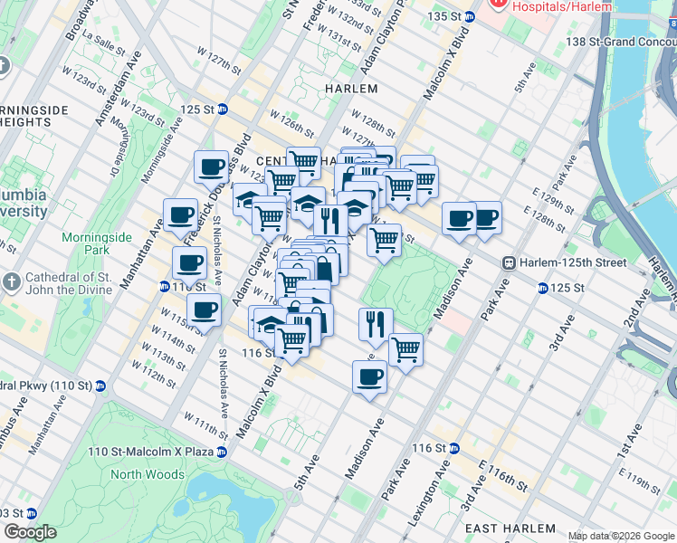 map of restaurants, bars, coffee shops, grocery stores, and more near 19 West 120th Street in New York