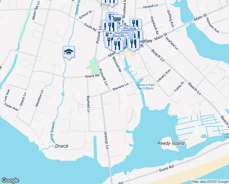 map of restaurants, bars, coffee shops, grocery stores, and more near 33 Stevens Lane in Westhampton Beach