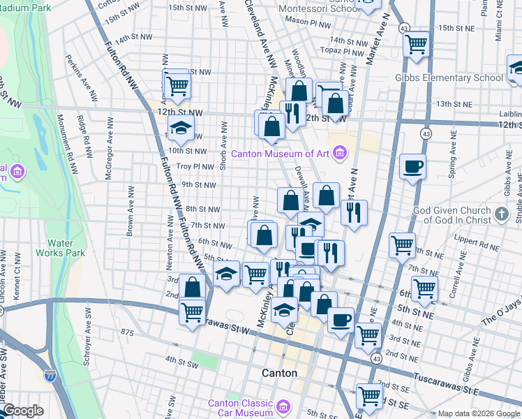 map of restaurants, bars, coffee shops, grocery stores, and more near 619 8th Street Northwest in Canton