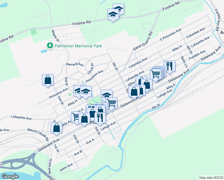 map of restaurants, bars, coffee shops, grocery stores, and more near 438 Lafayette Avenue in Palmerton