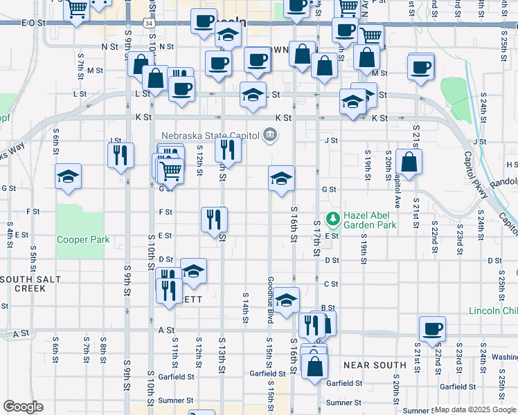 map of restaurants, bars, coffee shops, grocery stores, and more near 1423 F Street in Lincoln