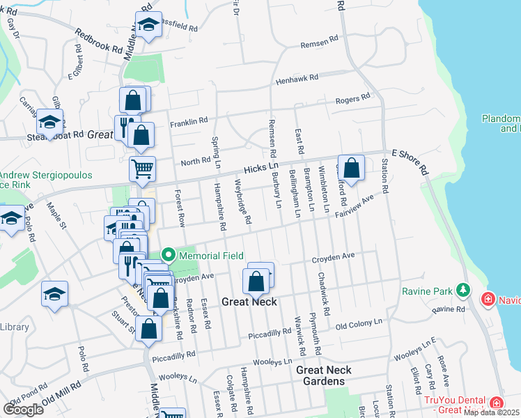 map of restaurants, bars, coffee shops, grocery stores, and more near 16 Weybridge Road in Great Neck