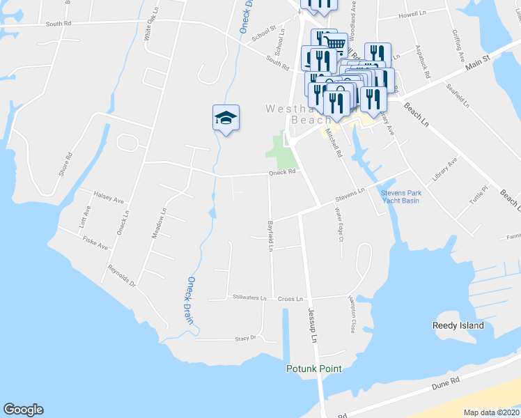 map of restaurants, bars, coffee shops, grocery stores, and more near 23 Bayfield Lane in Westhampton Beach