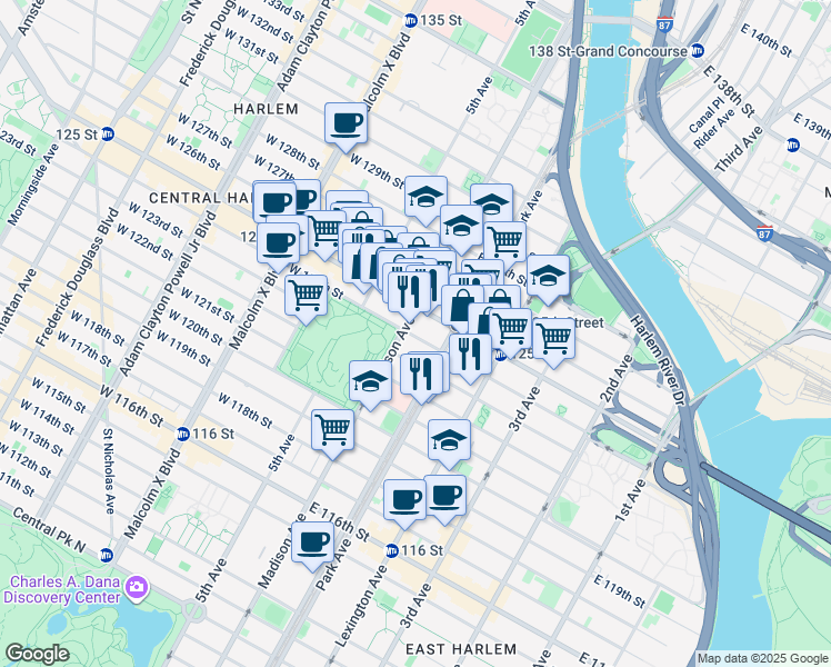 map of restaurants, bars, coffee shops, grocery stores, and more near 53 East 124th Street in New York