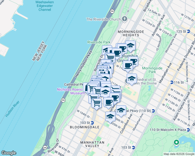 map of restaurants, bars, coffee shops, grocery stores, and more near in New York