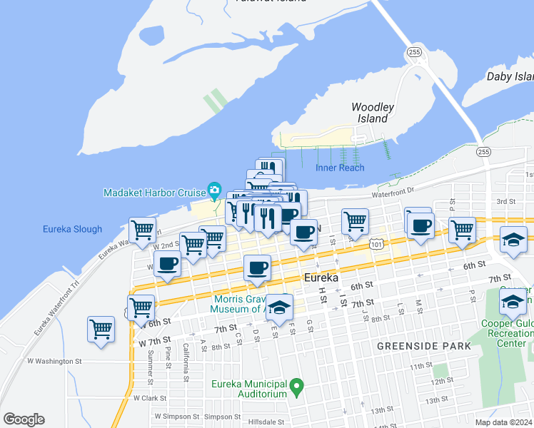 map of restaurants, bars, coffee shops, grocery stores, and more near 112 F Street in Eureka