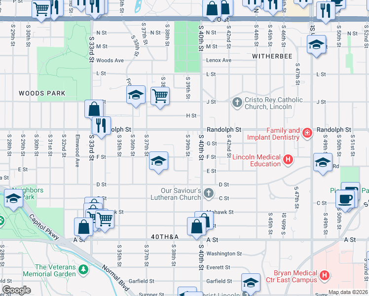 map of restaurants, bars, coffee shops, grocery stores, and more near 859 South 39th Street in Lincoln