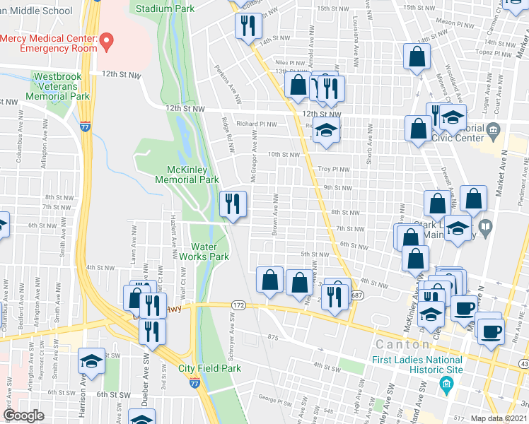 map of restaurants, bars, coffee shops, grocery stores, and more near 1314 8th Street Northwest in Canton