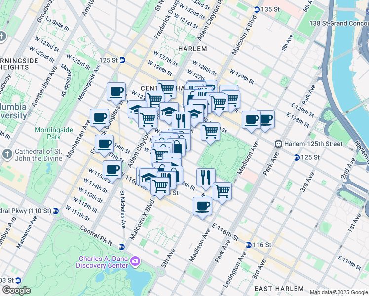 map of restaurants, bars, coffee shops, grocery stores, and more near 19 West 120th Street in New York