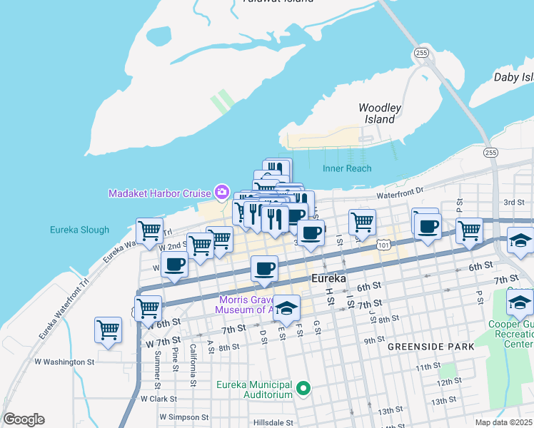 map of restaurants, bars, coffee shops, grocery stores, and more near 427 2nd Street in Eureka