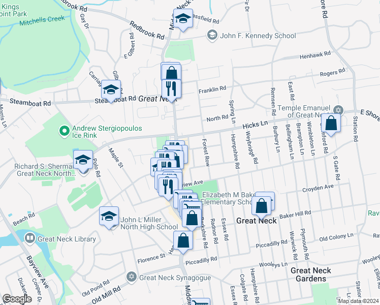 map of restaurants, bars, coffee shops, grocery stores, and more near 18 West End Avenue in Great Neck