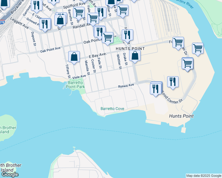 map of restaurants, bars, coffee shops, grocery stores, and more near in The Bronx